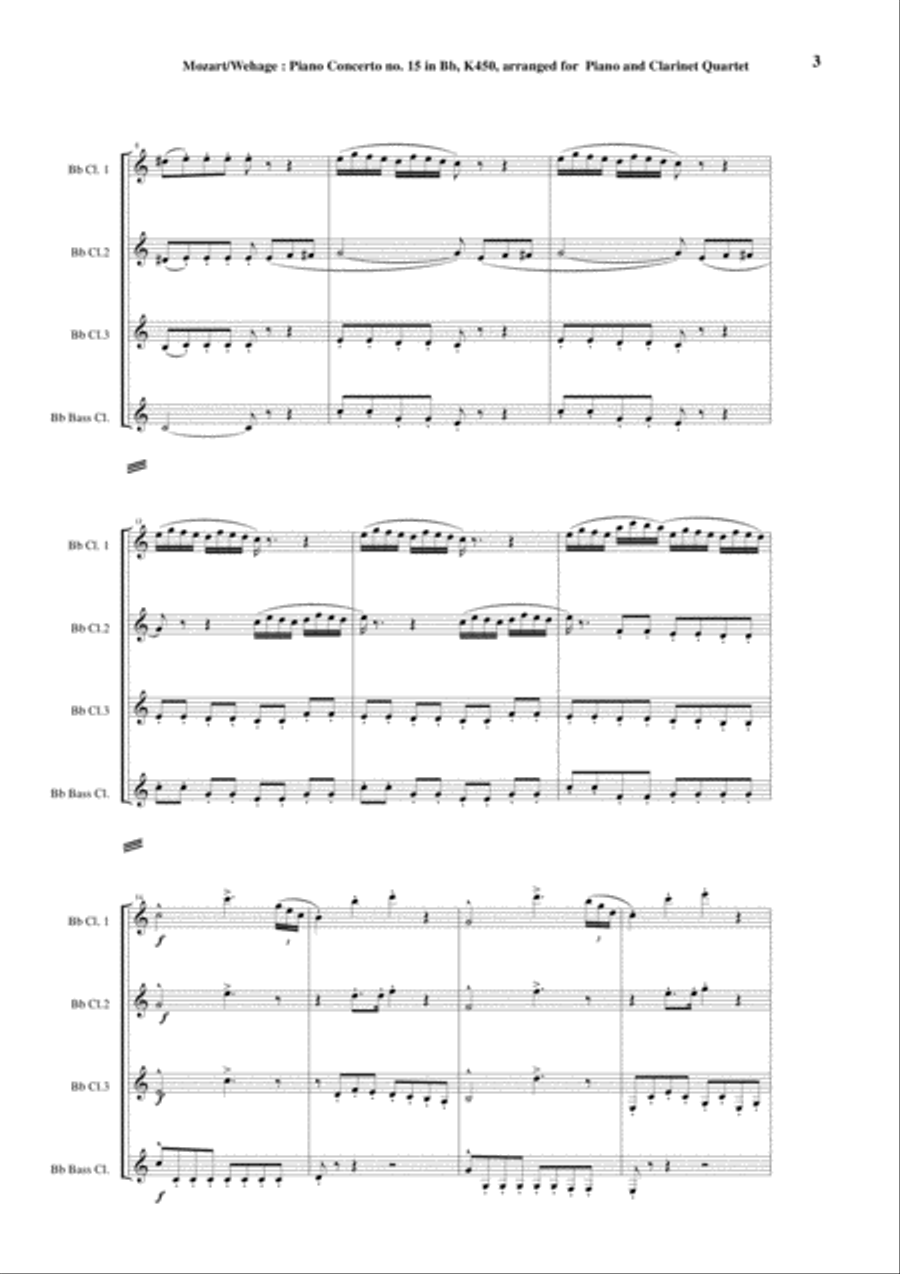 Wolfgang Amadeus Mozart: Piano Concerto no. 15 in Bb K 450, arranged for piano solo and 3 Bb clarin Woodwind Quartet scores gallery preview page 3
