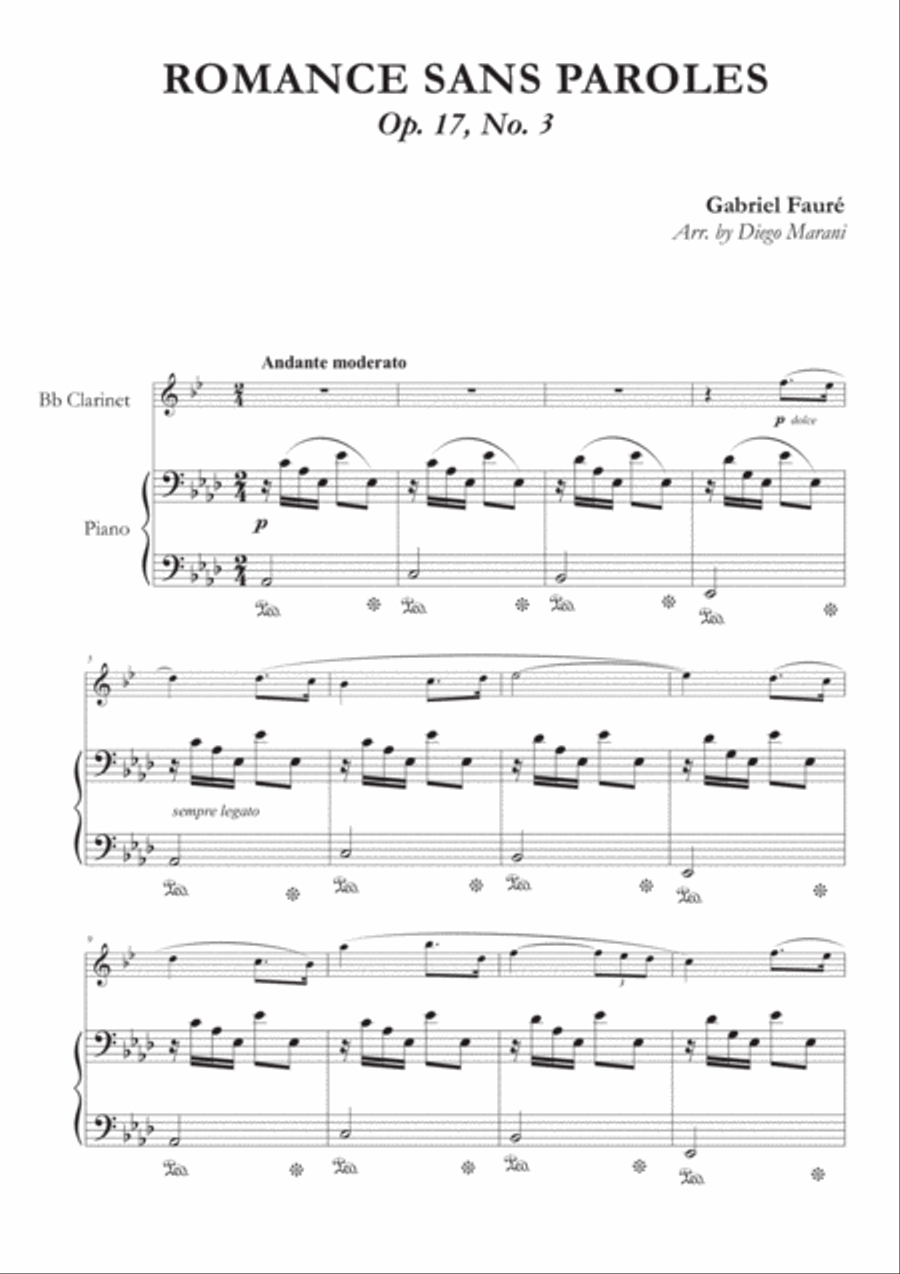 Romances Sans Paroles Op. 17, No. 3 for Clarinet and Piano B-Flat Clarinet scores gallery preview page 2