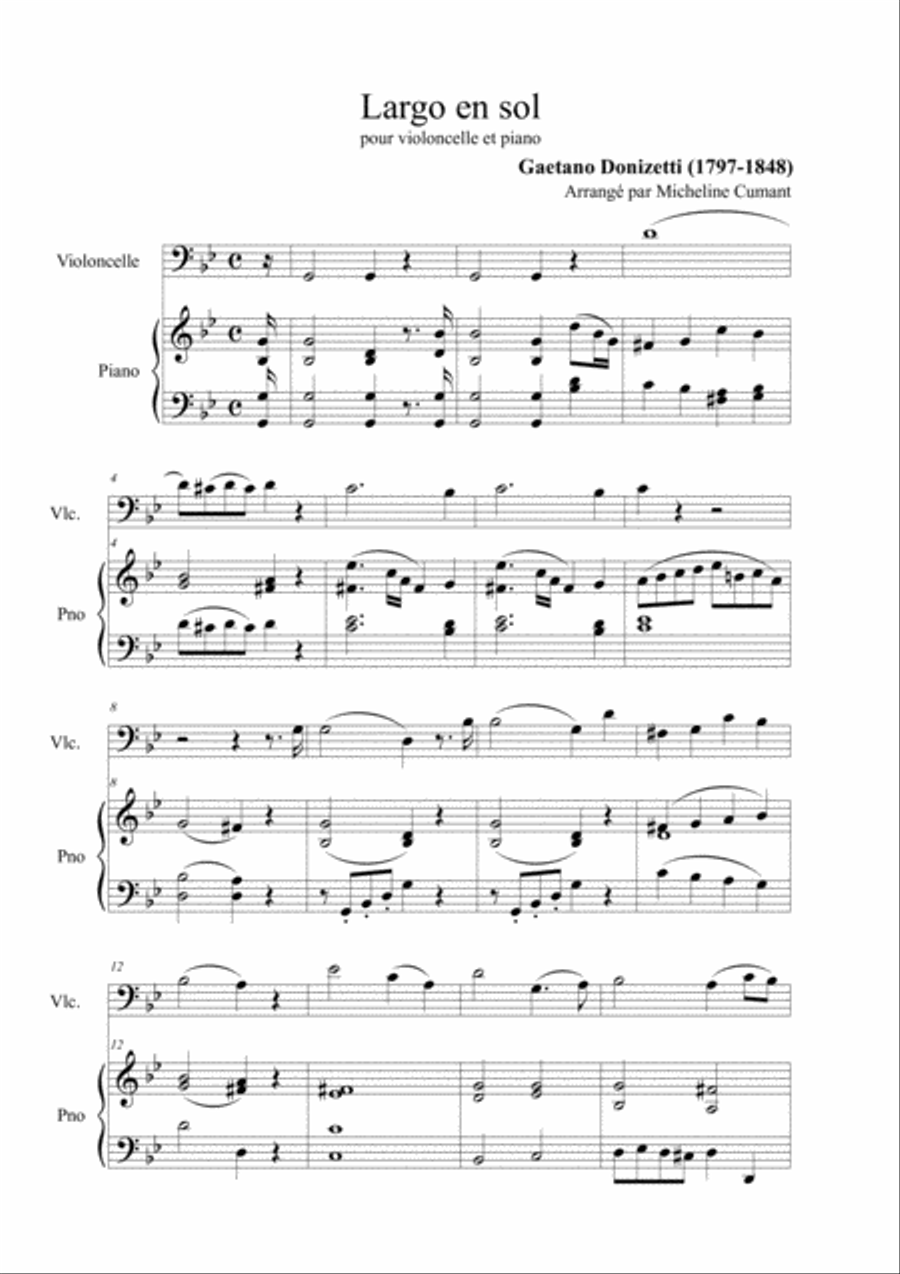 Donizetti, Gaetano (1797-1848)-Largo en sol pour violoncelle et piano Small Ensemble scores gallery preview page 1