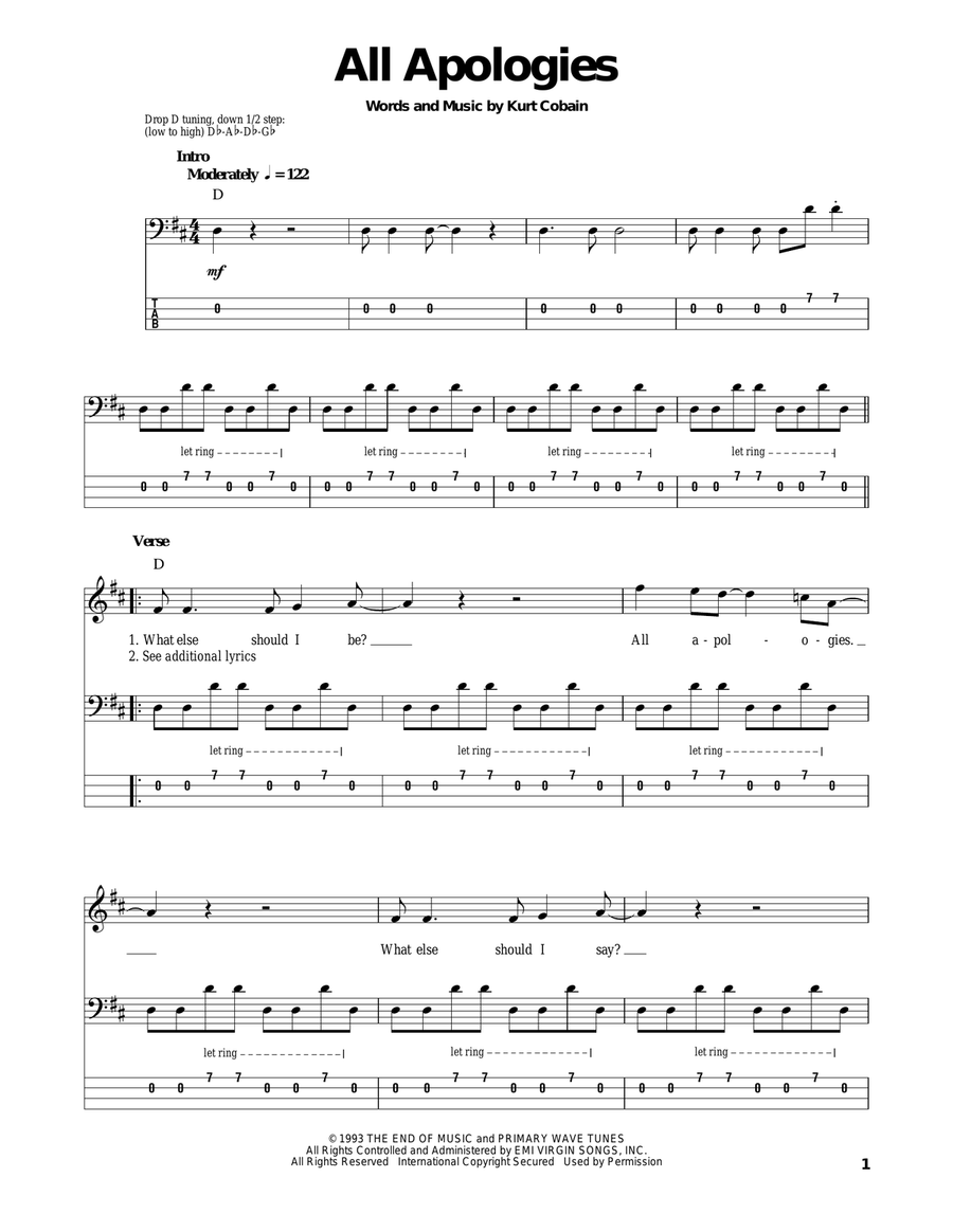 All Apologies All Apologies Bass Guitar Tablature scores gallery preview page 1