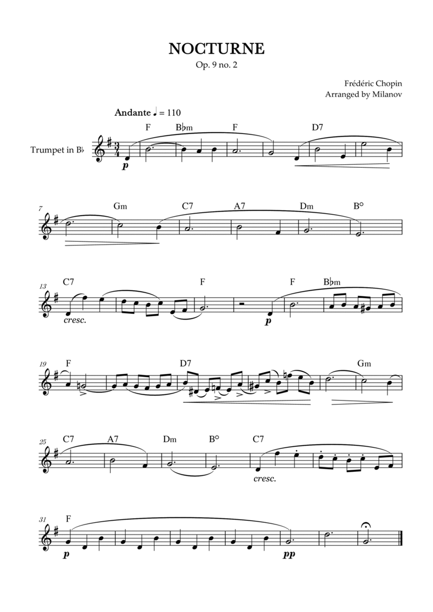 Chopin Nocturne op. 9 no. 2 | Trumpet in Bb | F Major | Chords | Easy beginner image number null