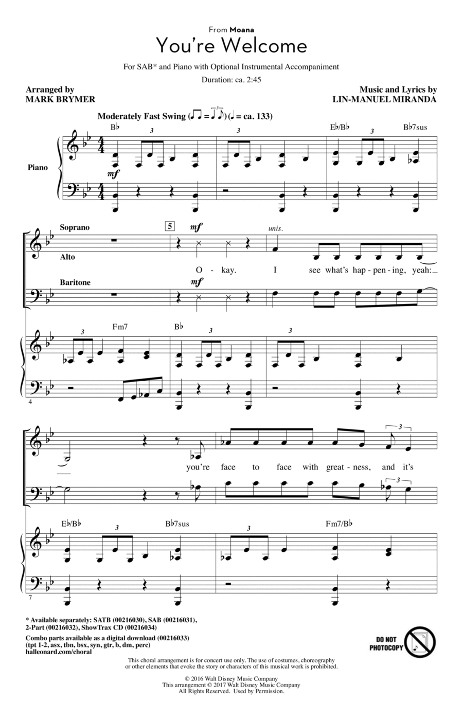 You're Welcome (from Moana) (arr. Mark Brymer) 3-Part scores gallery preview page 1