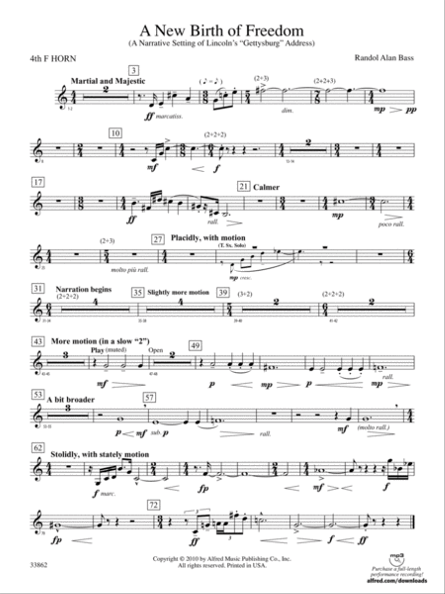 A New Birth of Freedom: (World Part) 4th Horn in E-flat Concert Band scores gallery preview page 1