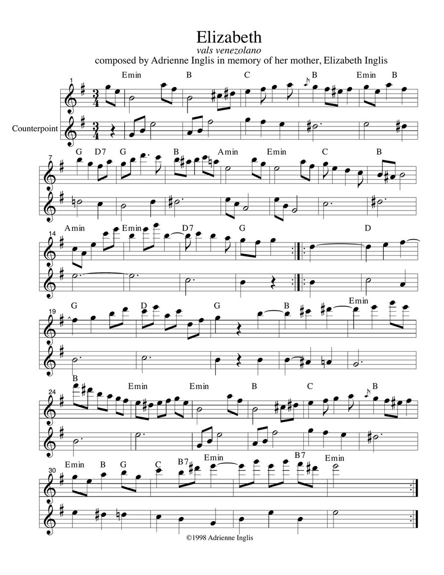 Elizabeth - flute duet or flute/pedal or lever harp/guitar Venezuelan waltz lead-sheet Flute scores gallery preview page 1