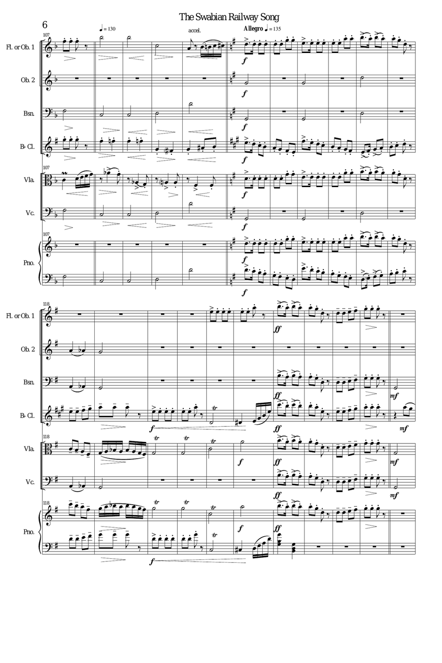 Railway Song (Auf de schwäb'sche Eisebahne) flute, oboe, clarinet, bassoon, viola, cello, piano Large Ensemble scores gallery preview page 6