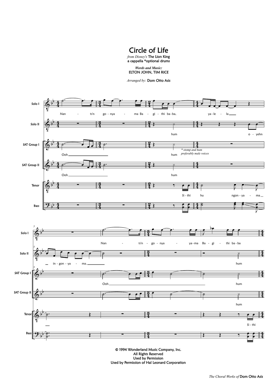 Circle Of Life Circle Of Life 4-Part scores gallery preview page 1
