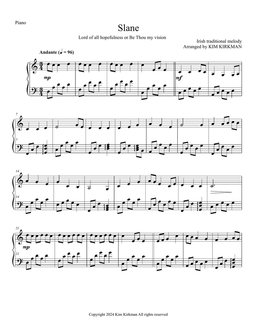 Book cover for Slane or Be Thou my vision for piano in key of C (no black notes required)