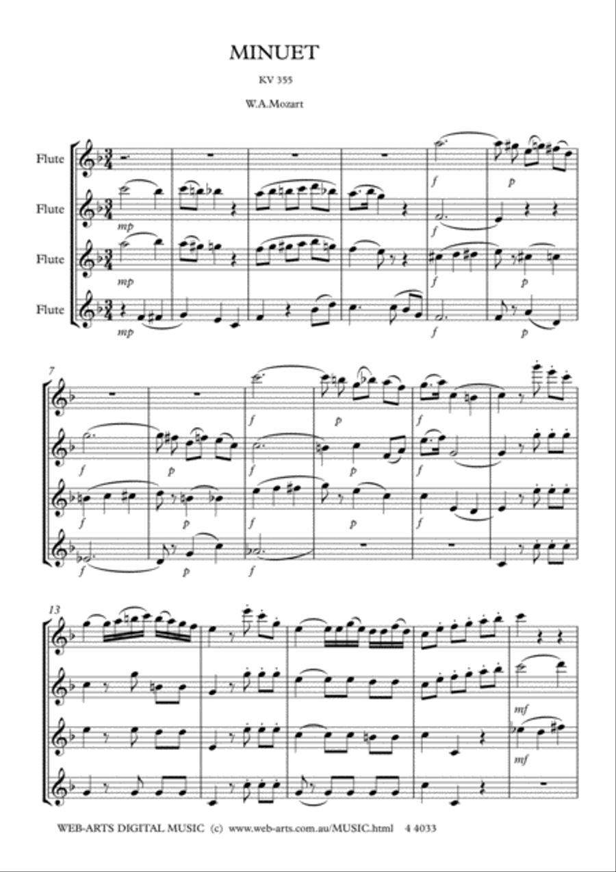 MINUET kv 355 for 4 flutes - MOZART Flute Quartet scores gallery preview page 2