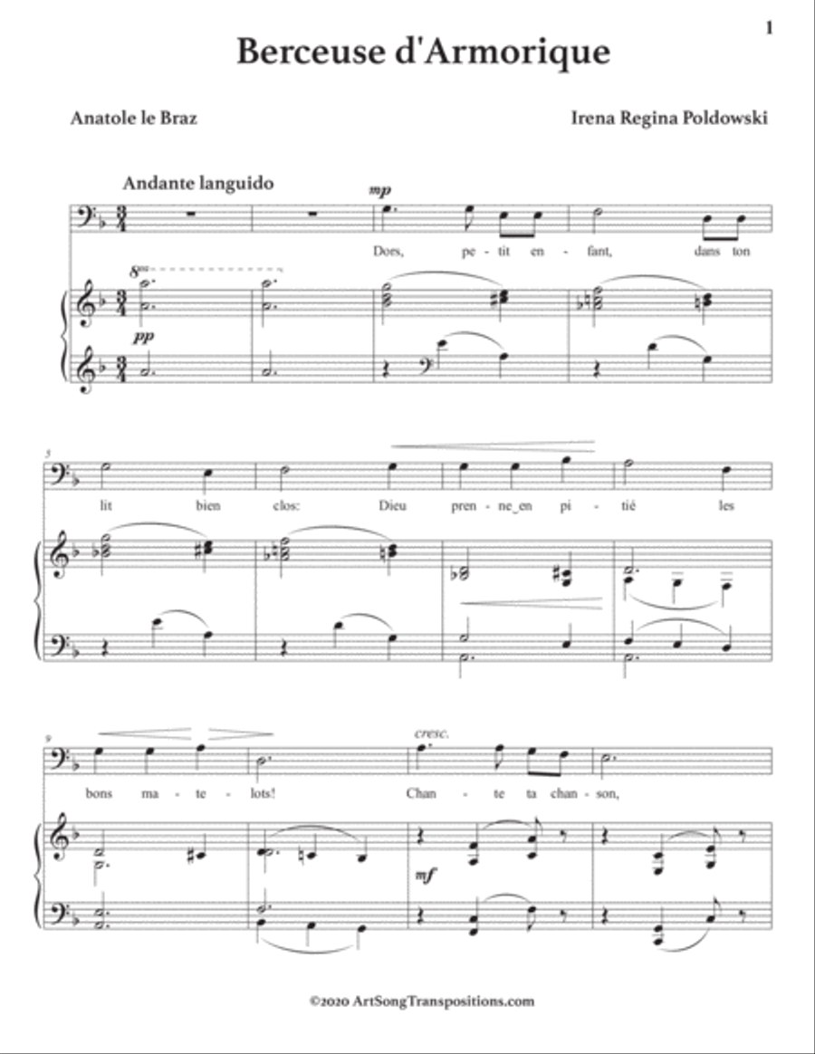 POLDOWSKI: Berceuse d'Armorique (transposed to D minor, bass clef) Voice scores gallery preview page 2