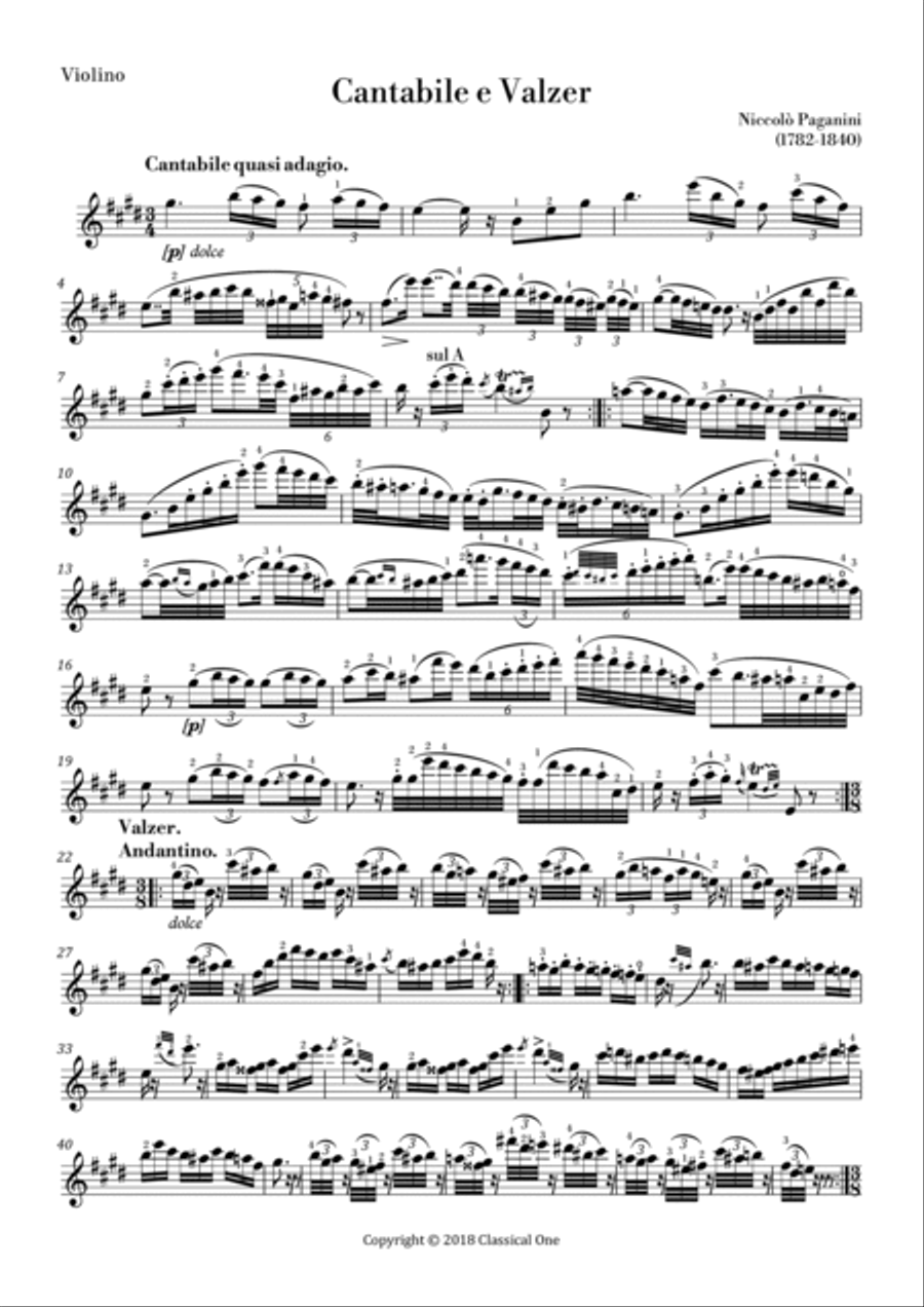 Paganini - Cantabile e valser, Op.19 for violin solo Violin Solo scores gallery preview page 1
