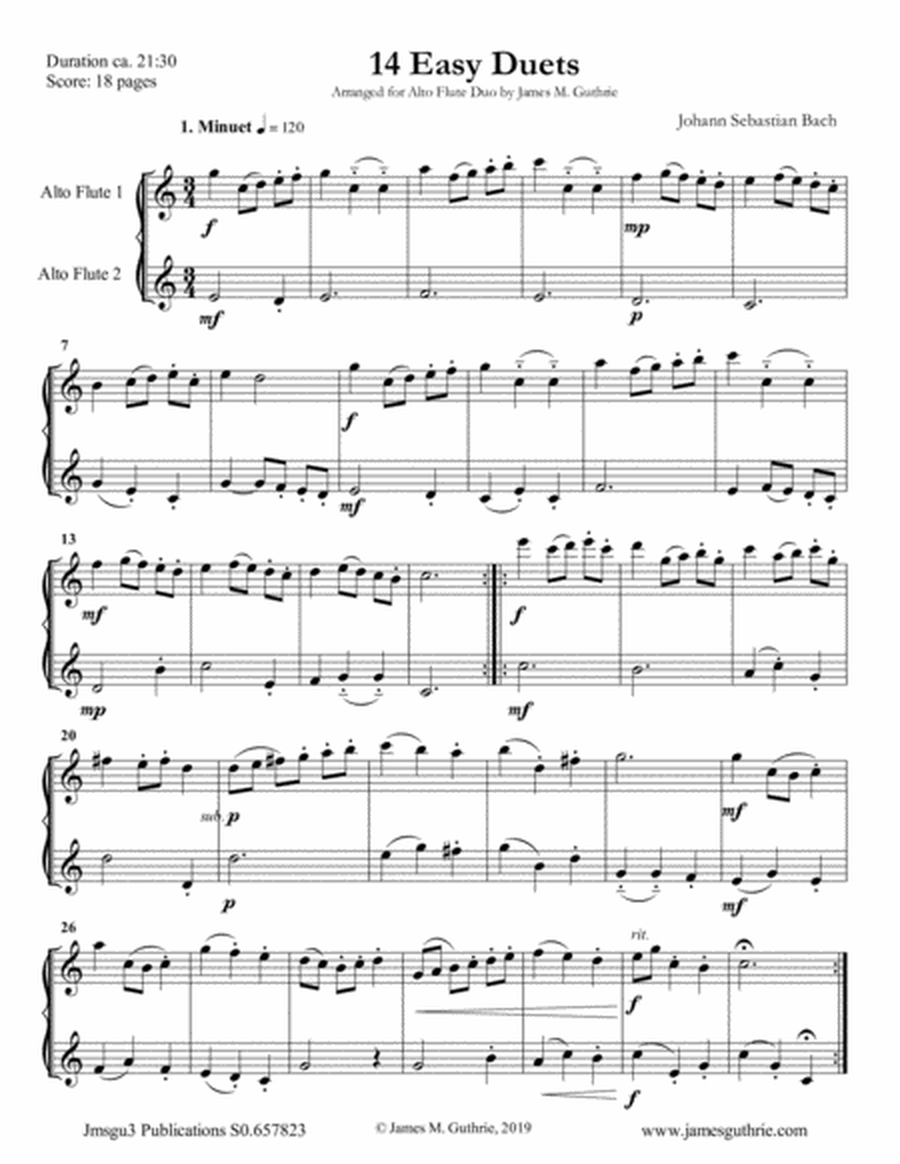 Bach: 14 Easy Duets for Alto Flute Duo image number null