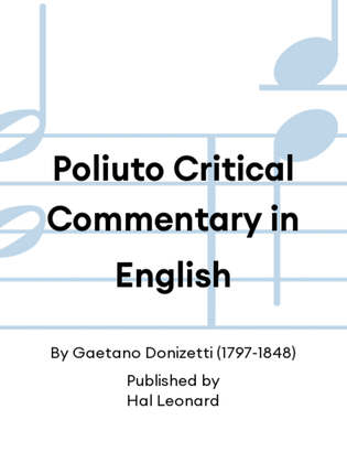 Book cover for Poliuto Critical Commentary in English