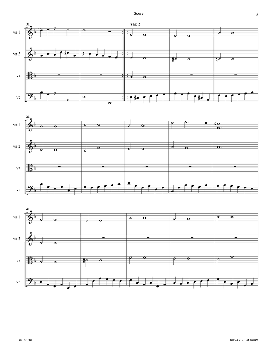 Handel: Suite No. 4 in D minor (HWV 437) - Sarabande; arranged for String Quartet String Quartet scores gallery preview page 3
