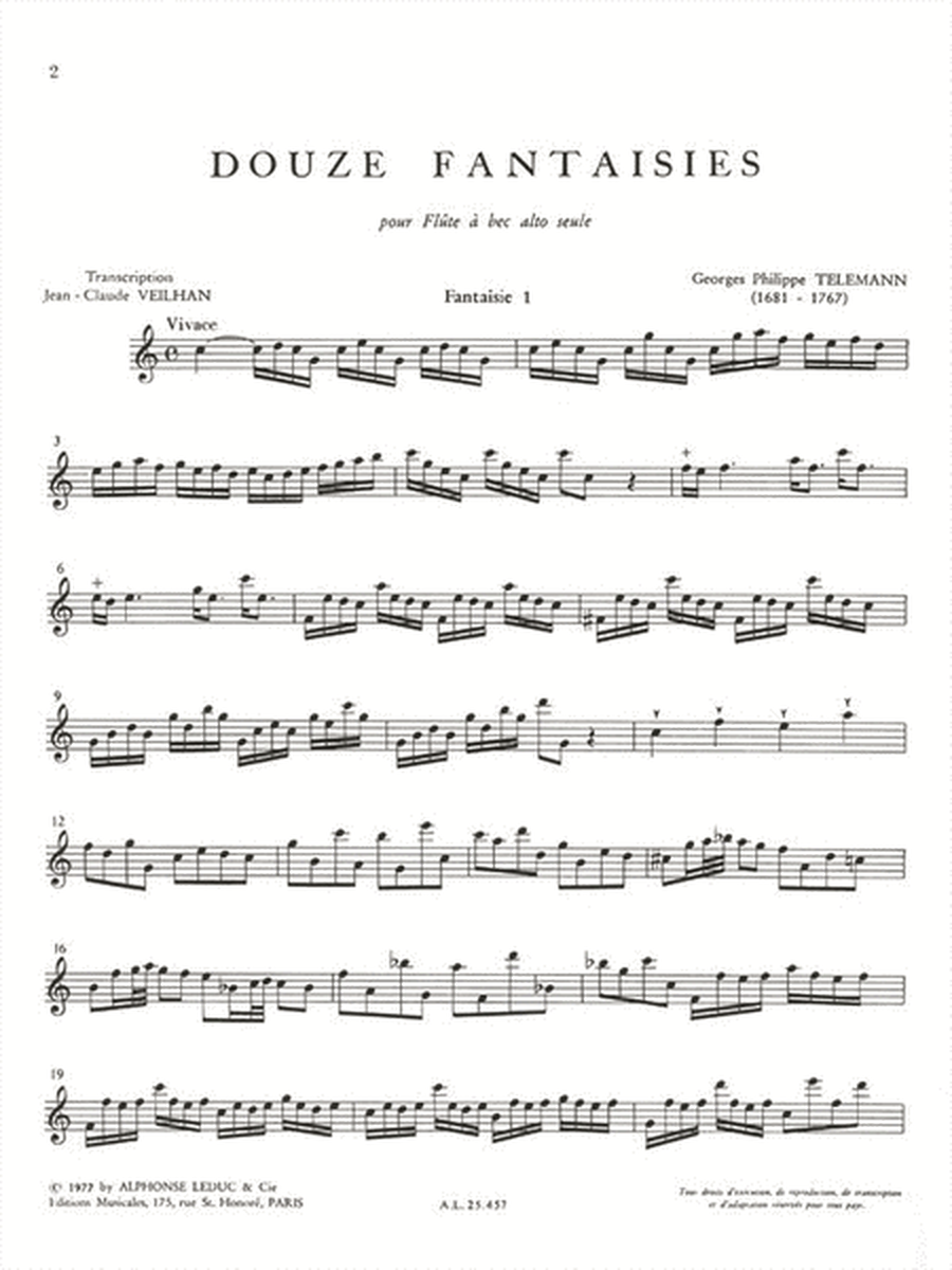 12 Fantasies For Solo Recorder, Transcribed By Jean-claude Vei