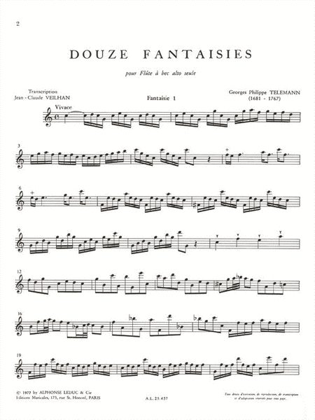 12 Fantasies For Solo Recorder, Transcribed By Jean-claude Vei