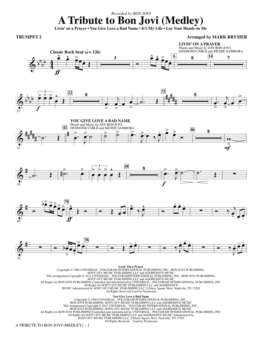 A Tribute To Bon Jovi (Medley) - Bb Trumpet 2 Choir scores gallery preview page 1