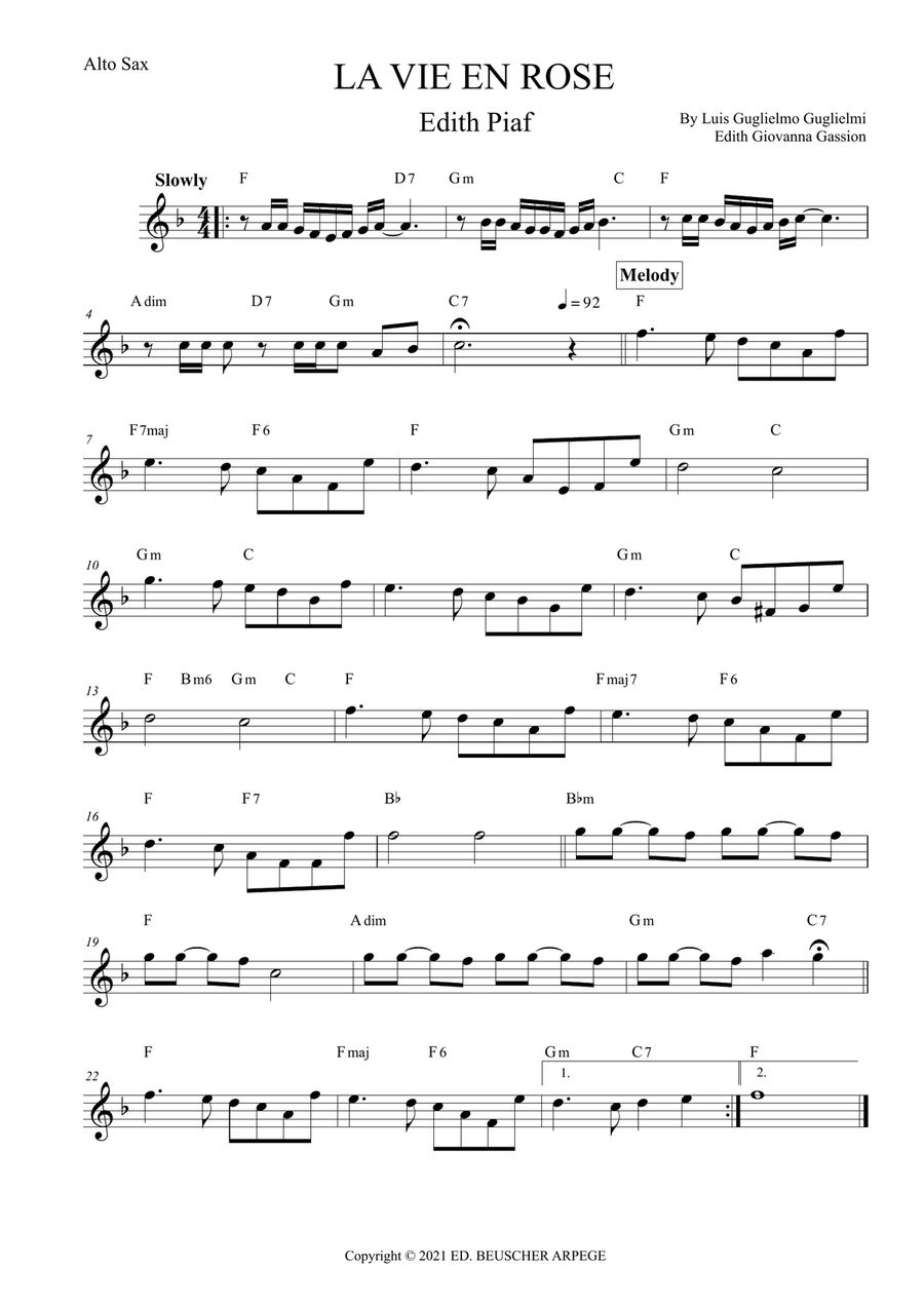 La Vie En Rose (elena Urioste And Tom Poster Version) Alto Saxophone scores gallery preview page 1