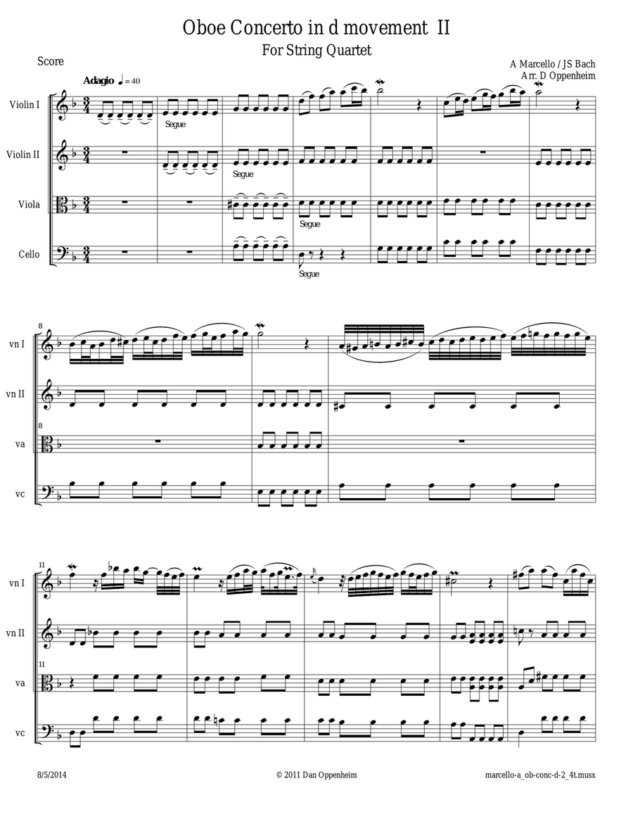 Marcello A: Oboe Concerto in d movement 2 (Adagio) arranged for String Quartet String Quartet scores gallery preview page 1