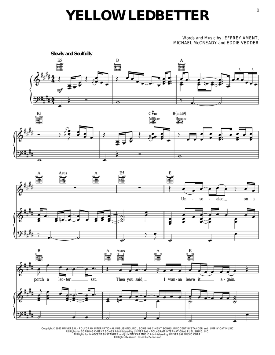 Yellow Ledbetter Piano, Vocal, Guitar scores gallery preview page 1