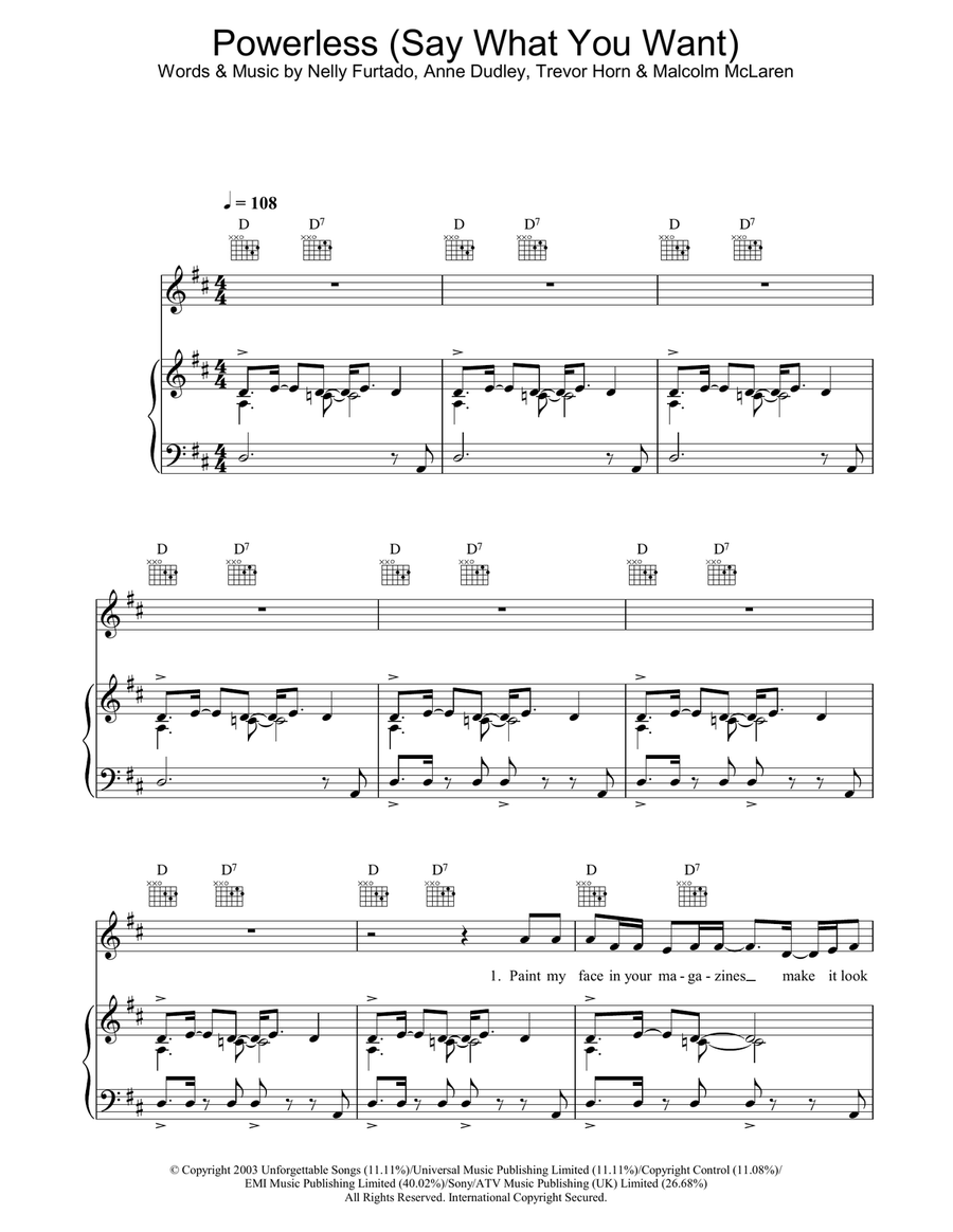 Powerless (Say What You Want) Piano, Vocal, Guitar scores gallery preview page 1