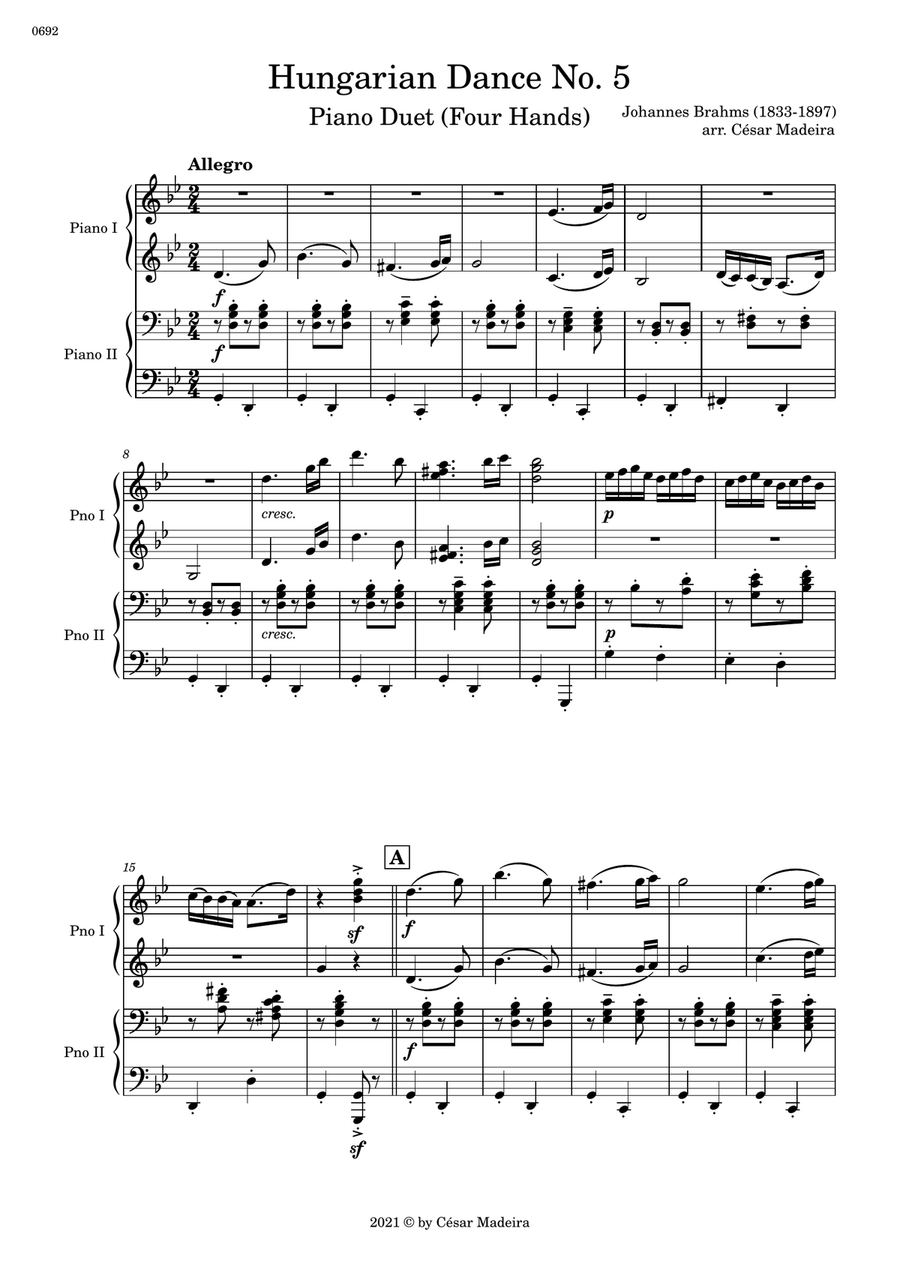 Hungarian Dance No.5 by Brahms - Piano Four Hands (Full Score and Parts) 1 Piano, 4-Hands scores gallery preview page 2