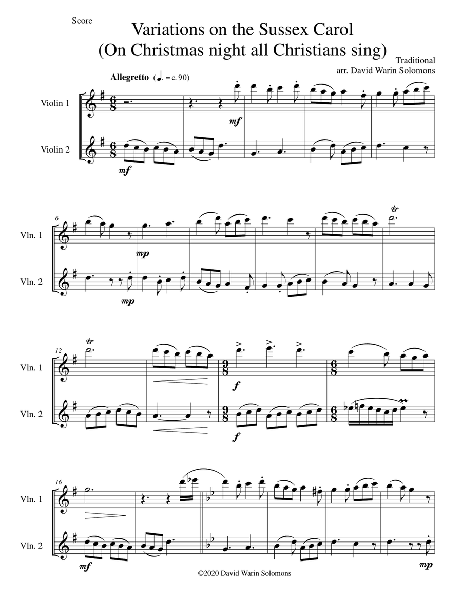 Variations on the Sussex Carol (On Christmas night all Christians sing) for violin duo String Duet scores gallery preview page 1