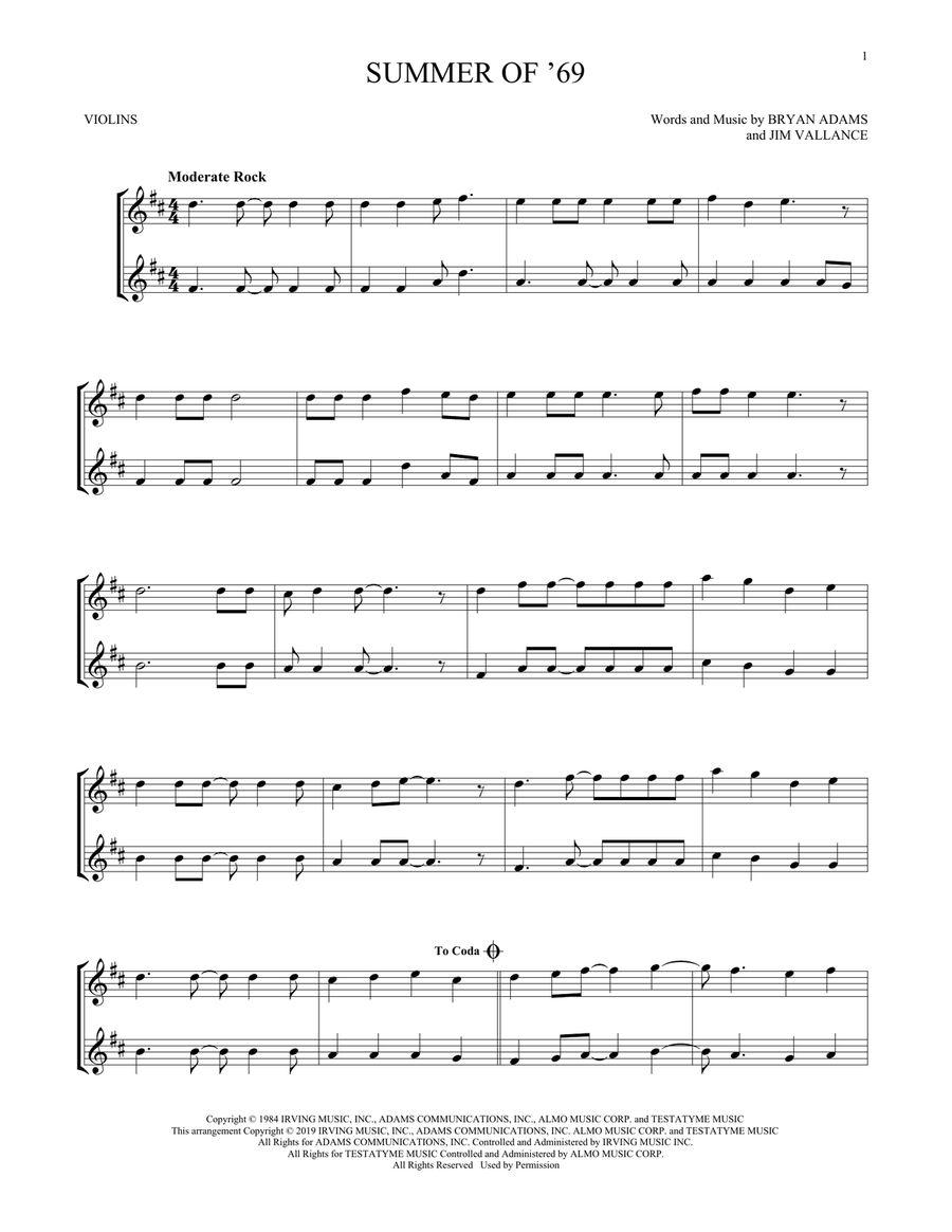 Summer Of '69 String Duet scores gallery preview page 1