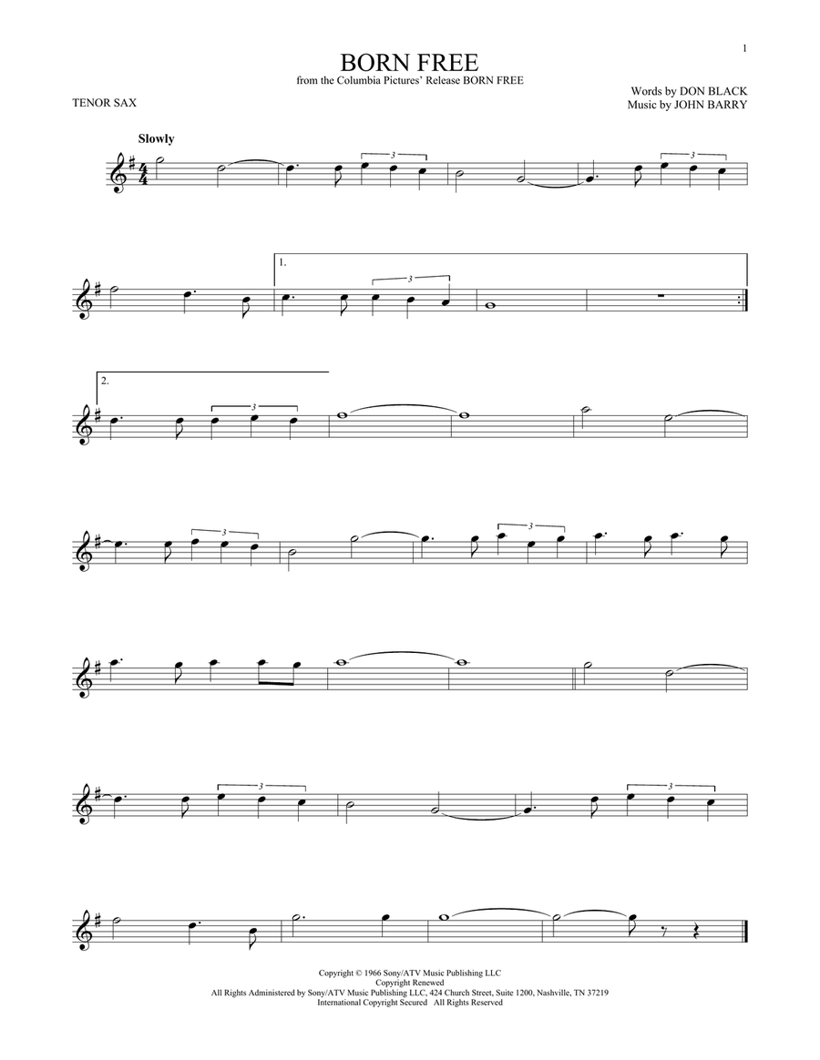 Born Free Tenor Saxophone scores gallery preview page 1
