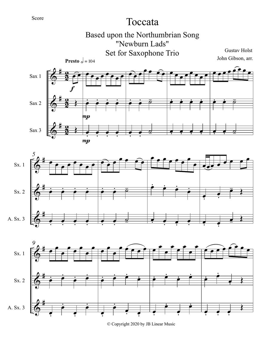 Holst - Toccata (Newburn Lads) set for Saxophone Trio Woodwind Trio scores gallery preview page 2