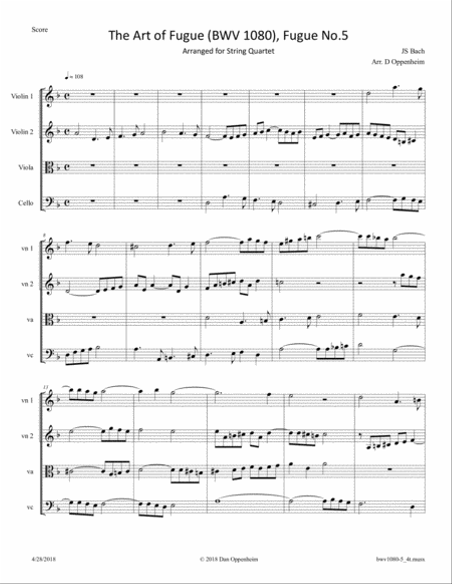 Bach: The Art of Fugue, BWV 1080 Fugue No. 5 arr. for String Quartet String Quartet scores gallery preview page 1