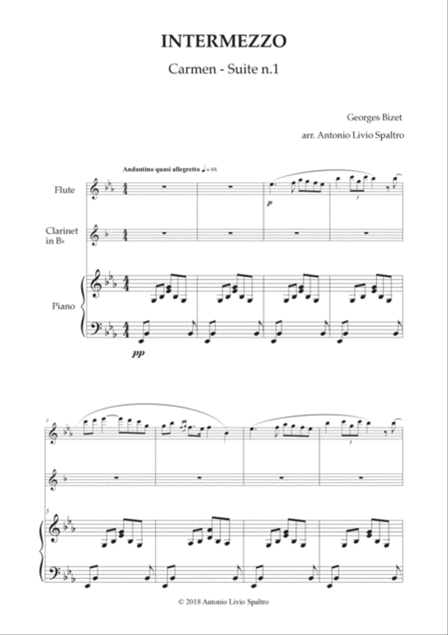Carmen Intermezzo (Entr'acte) for Piano, Flute and Clarinet Woodwind Duet scores gallery preview page 2