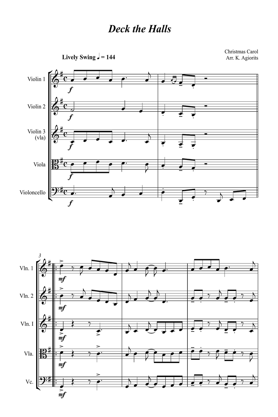 Jazz Carols Collection String Quartet - Set 3: Deck the Halls; Good King Wenceslas; Joy to the World String Quartet scores gallery preview page 2