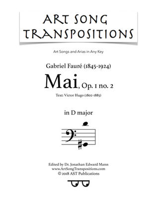 Book cover for FAURÉ: Mai, Op. 1 no. 2 (transposed to D major, bass clef)