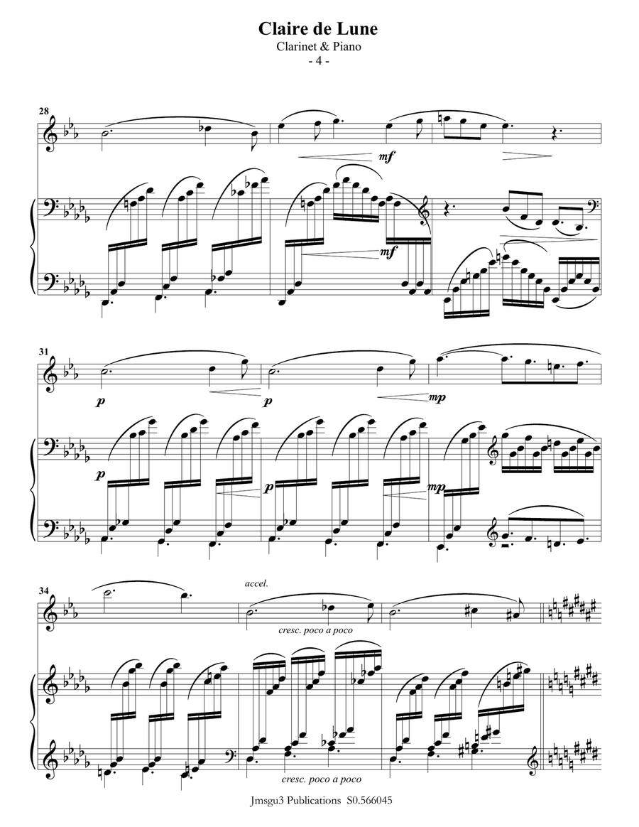 Debussy: Clair de Lune for Clarinet & Piano B-Flat Clarinet scores gallery preview page 4