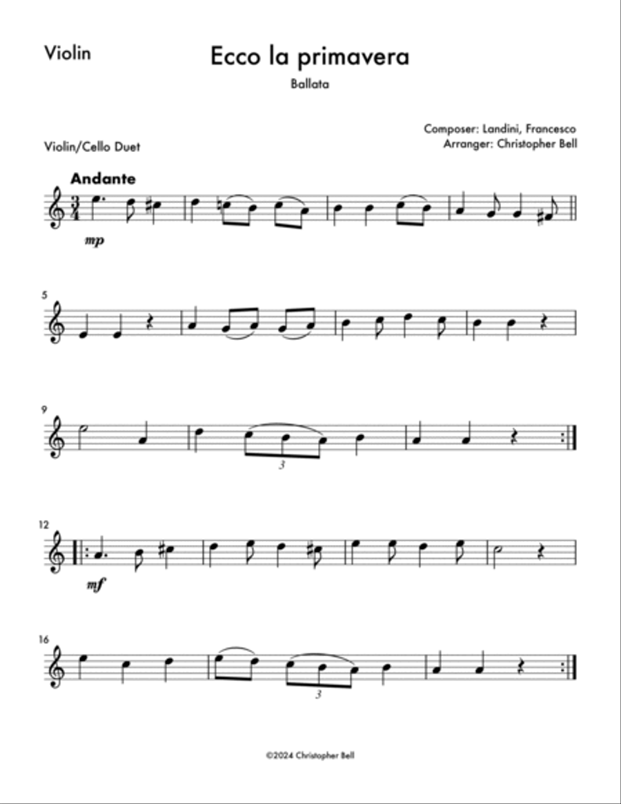 Ecco La Primavera - Violin/Cello Duet