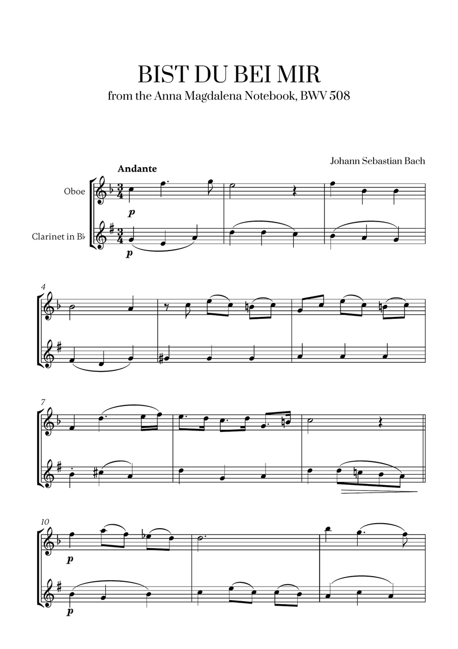 Johann Sebastian Bach - Bist du bei Mir (BWV 508) (F major) (for Oboe and Clarinet)