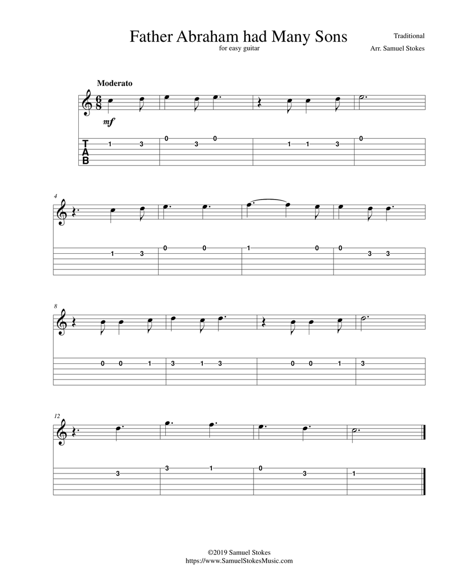 Father Abraham had Many Sons - for easy guitar with TAB Guitar Tablature scores gallery preview page 1