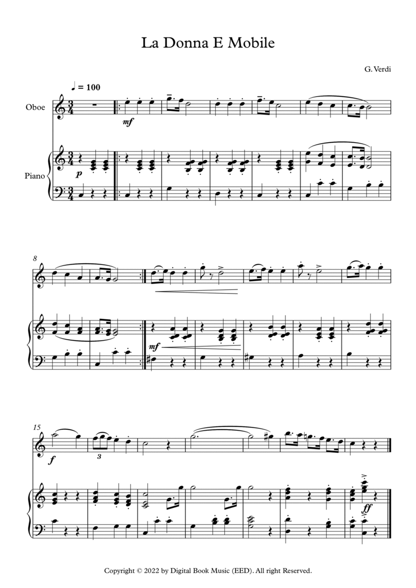 La Donna E Mobile - Giuseppe Verdi (Oboe + Piano) image number null