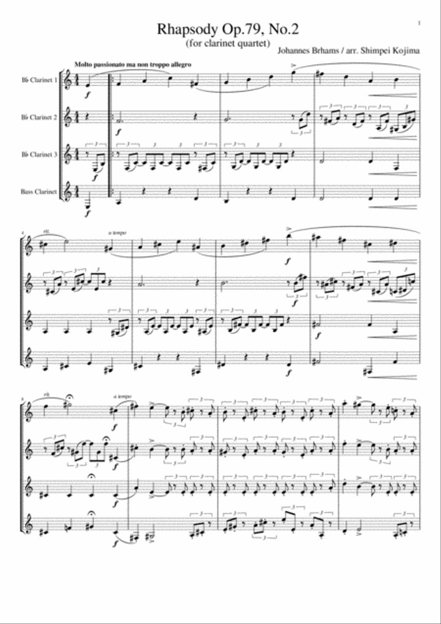 Brahms : Rhapsody Op.79, No.2 (for Clarinet Quartet) Clarinet Quartet scores gallery preview page 1