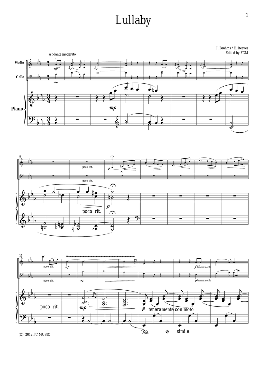 Brahms Lullaby, for piano trio, PB102 Piano Trio scores gallery preview page 1