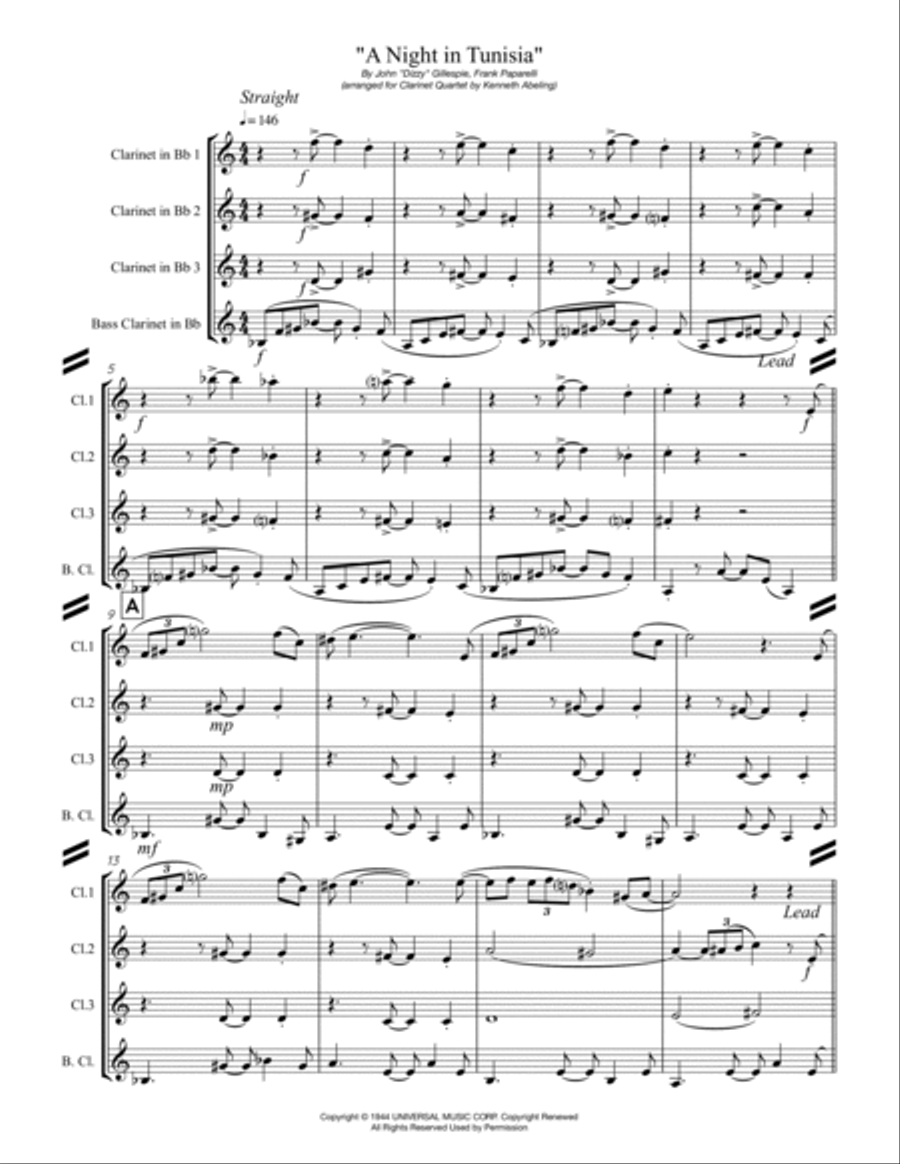 A Night In Tunisia Clarinet Quartet scores gallery preview page 2