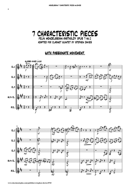 '7 Characteristic Pieces' by Felix Mendelssohn-Bartholdy for Clarinet Quintet. image number null