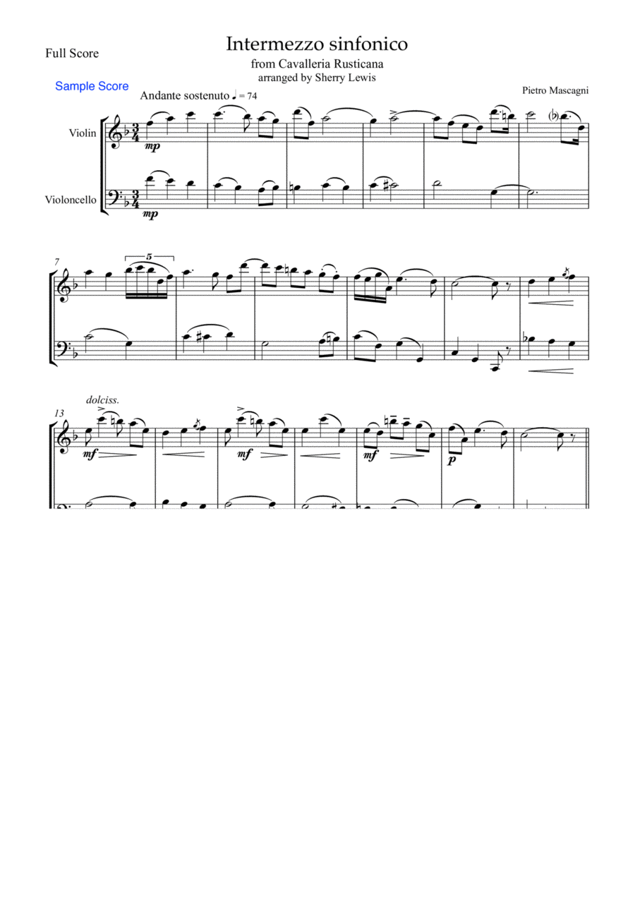 INTERMEZZO SINFONICO from 'Cavalleria Rusticana', Pietro Mascagni, String Duo, Intermediate Level f String Duet scores gallery preview page 1