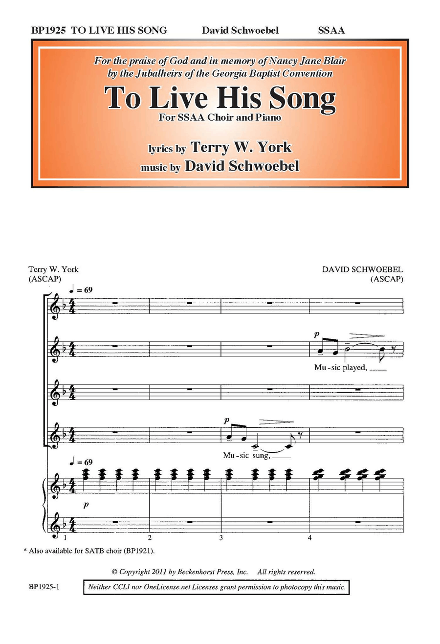 To Live His Song - SSAA SSAA scores gallery preview page 1