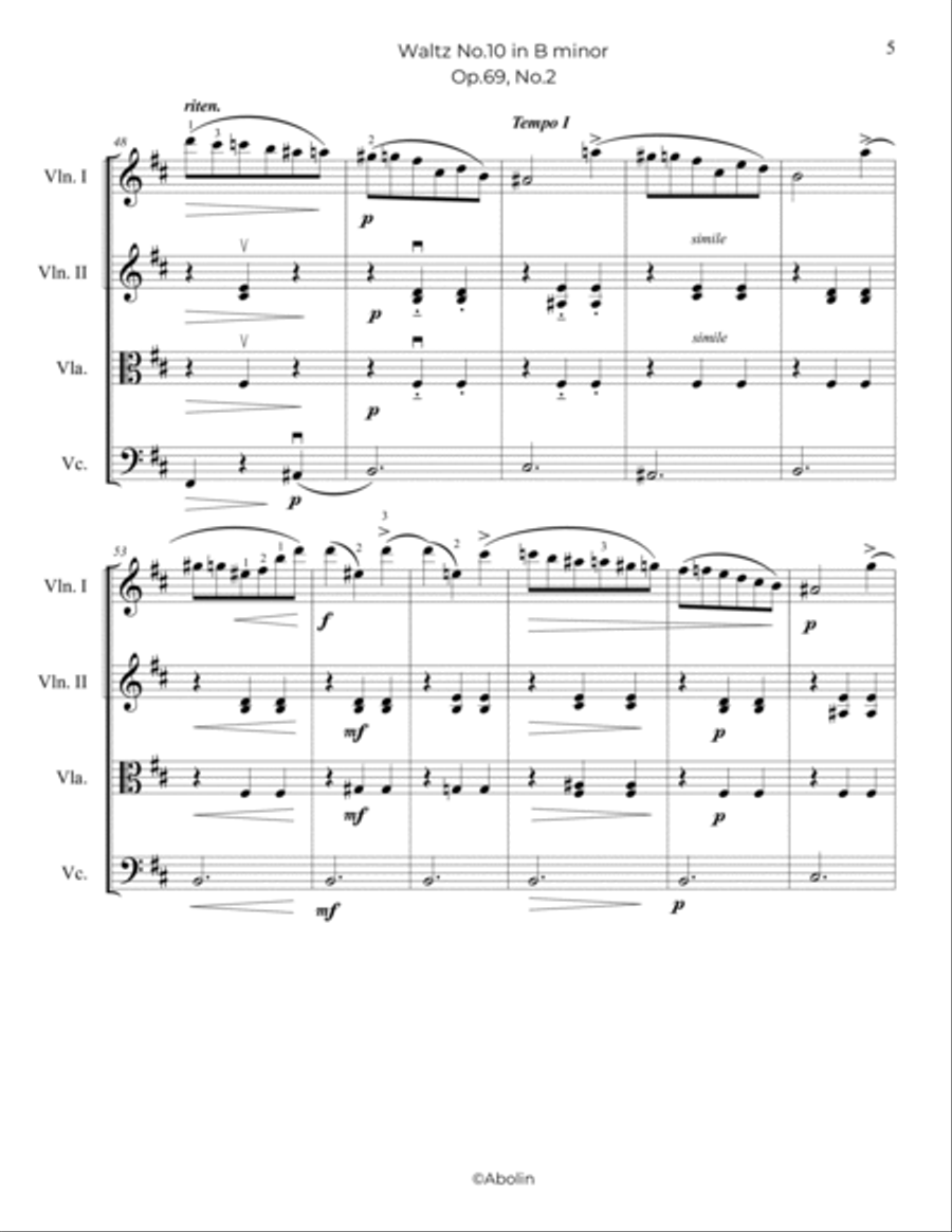 Chopin: Waltz No.10, Op.69, No.2 - String Quartet String Quartet scores gallery preview page 6