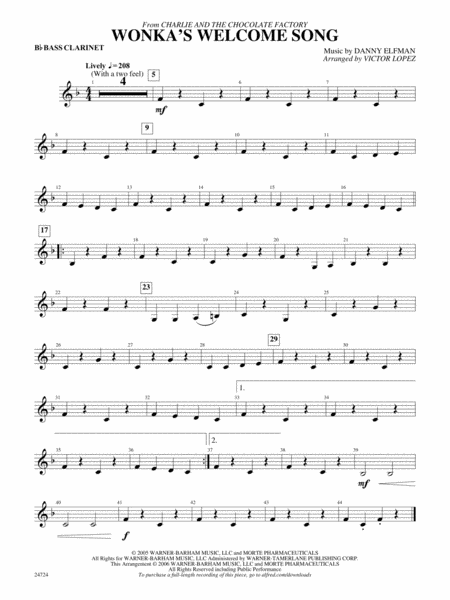 Wonka's Welcome Song (from Charlie and the Chocolate Factory): B-flat Bass Clarinet