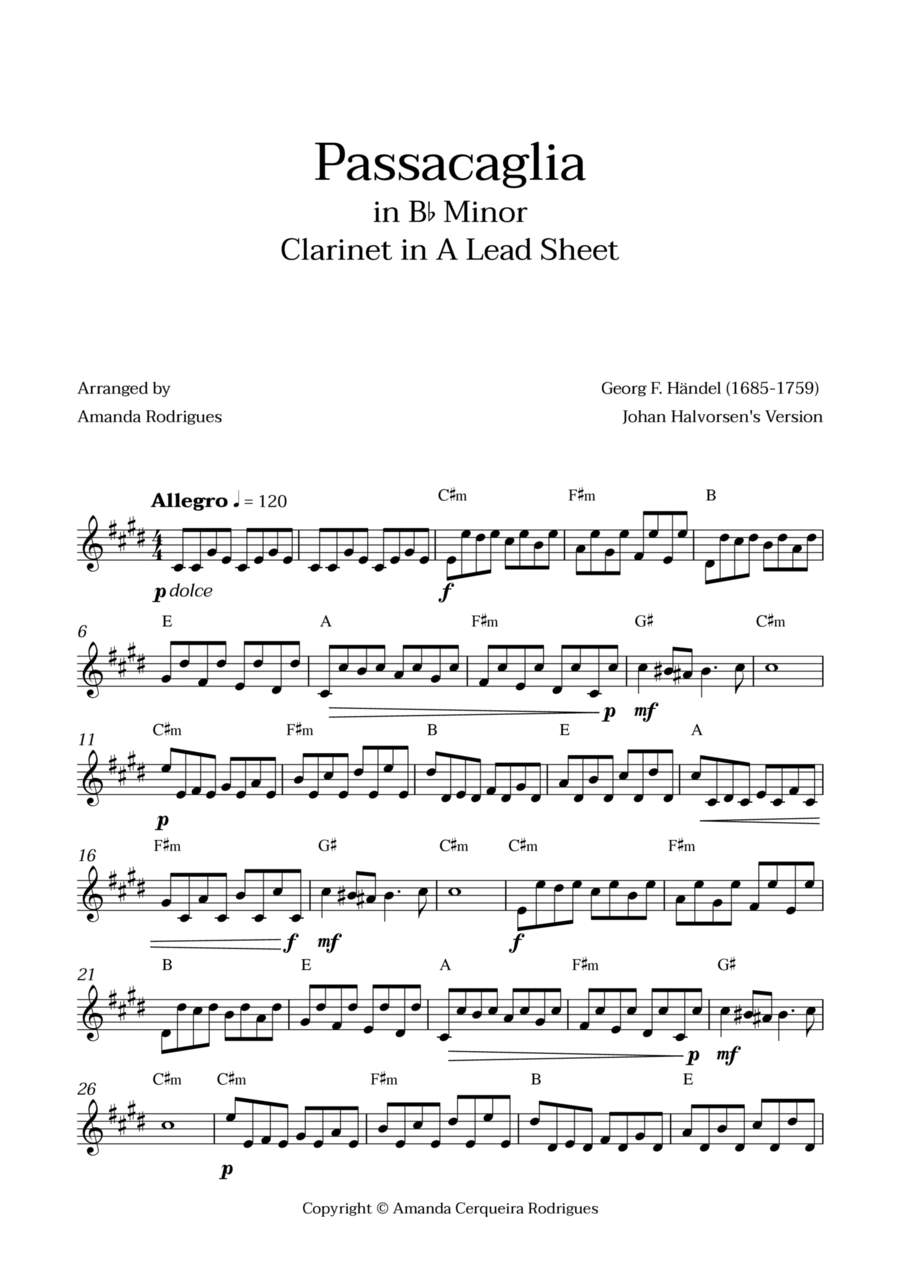 Passacaglia - Easy Clarinet in A Lead Sheet in Bbm Minor (Johan Halvorsen's Version) A Clarinet scores gallery preview page 1