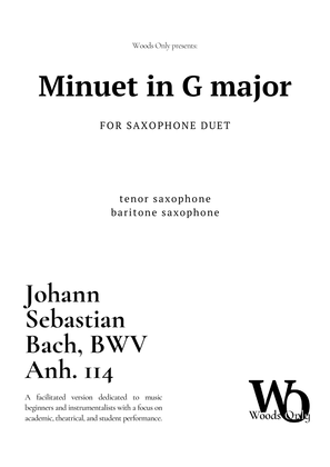 Book cover for Minuet in G major by Bach for Low-Saxophone Duet