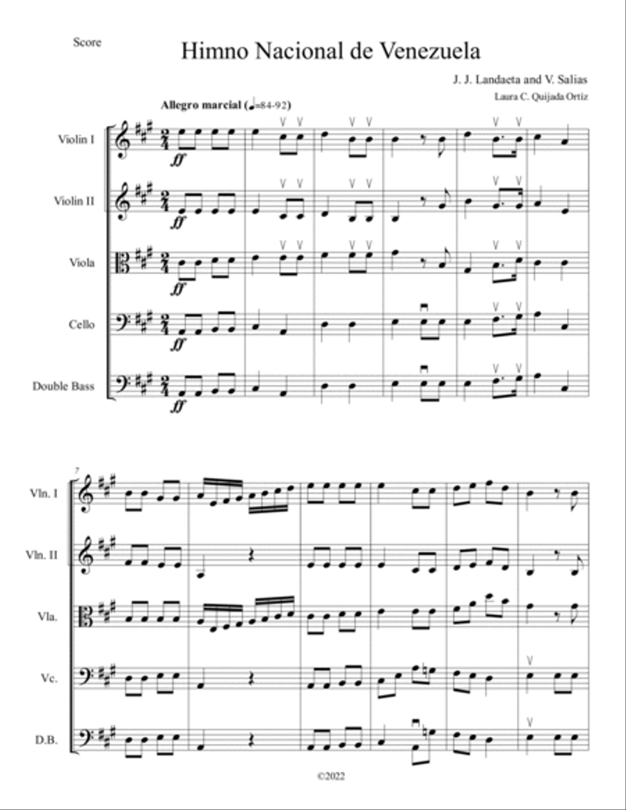 Himno Nacional de Venezuela/Venezuelan National Anthem, for string orchestra. SCORE & PARTS. String Orchestra scores gallery preview page 2