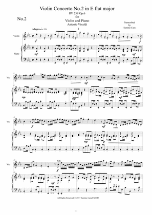 Book cover for Vivaldi - Violin Concerto No.2 in E flat major RV 259 Op.6 for Violin and Piano